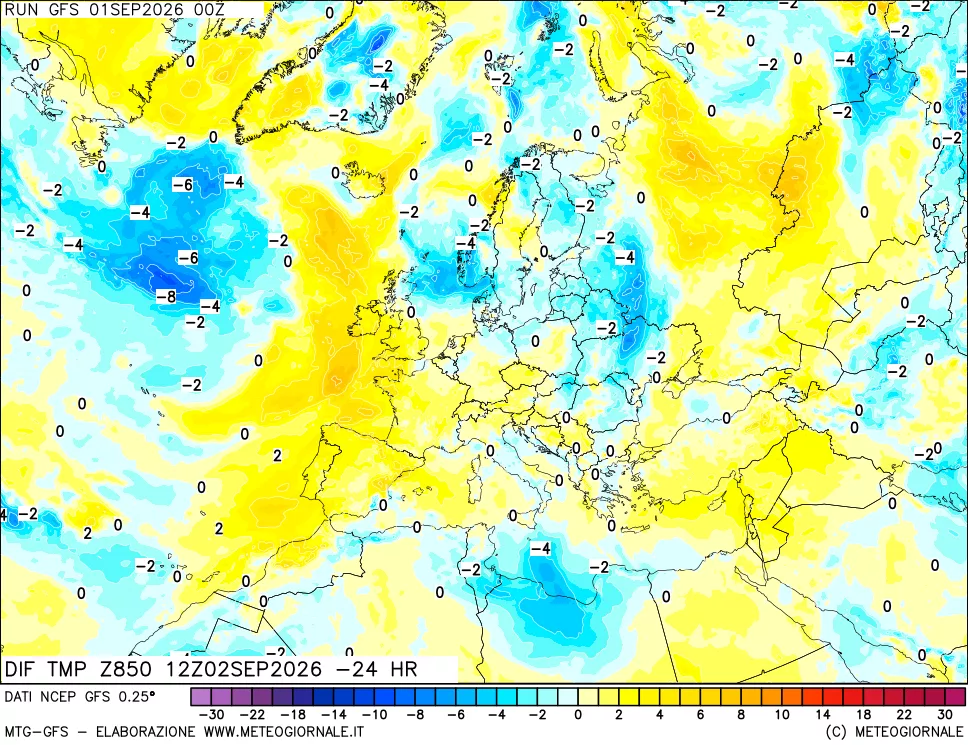 mappa Dif. Temp a 850 hPa Valid - Init