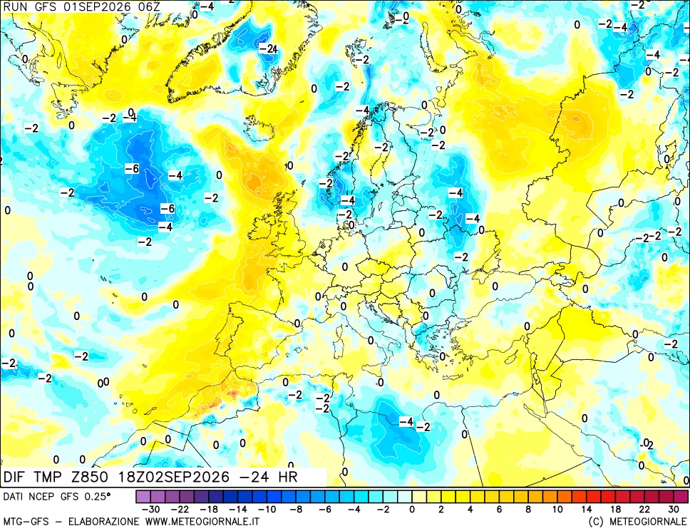 mappa Dif. Temp a 850 hPa Valid - Init
