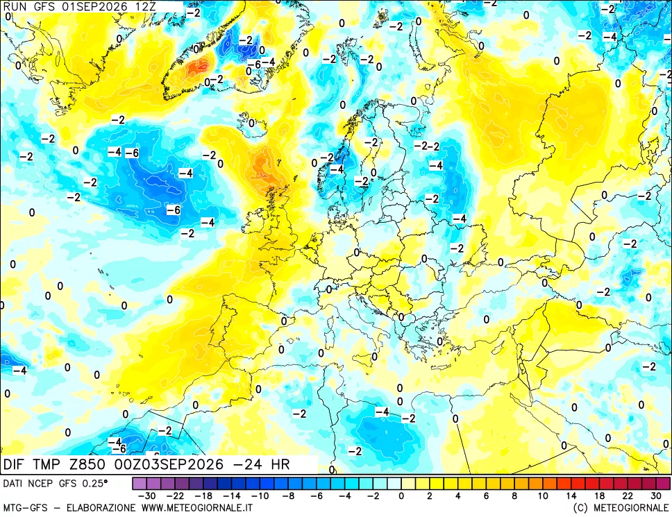 mappa Dif. Temp a 850 hPa Valid - Init