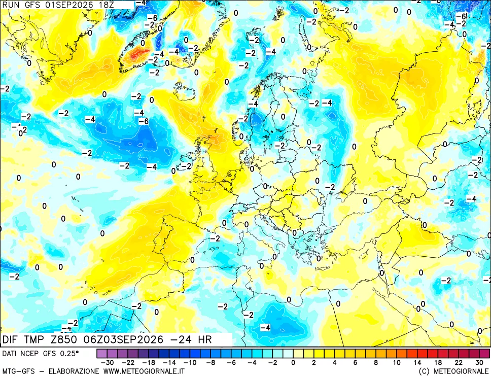 mappa Dif. Temp a 850 hPa Valid - Init