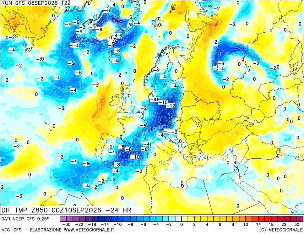 mappa Dif. Temp a 850 hPa Valid - Init