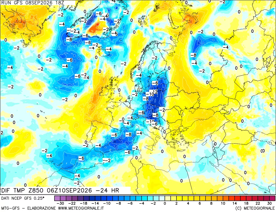 mappa Dif. Temp a 850 hPa Valid - Init