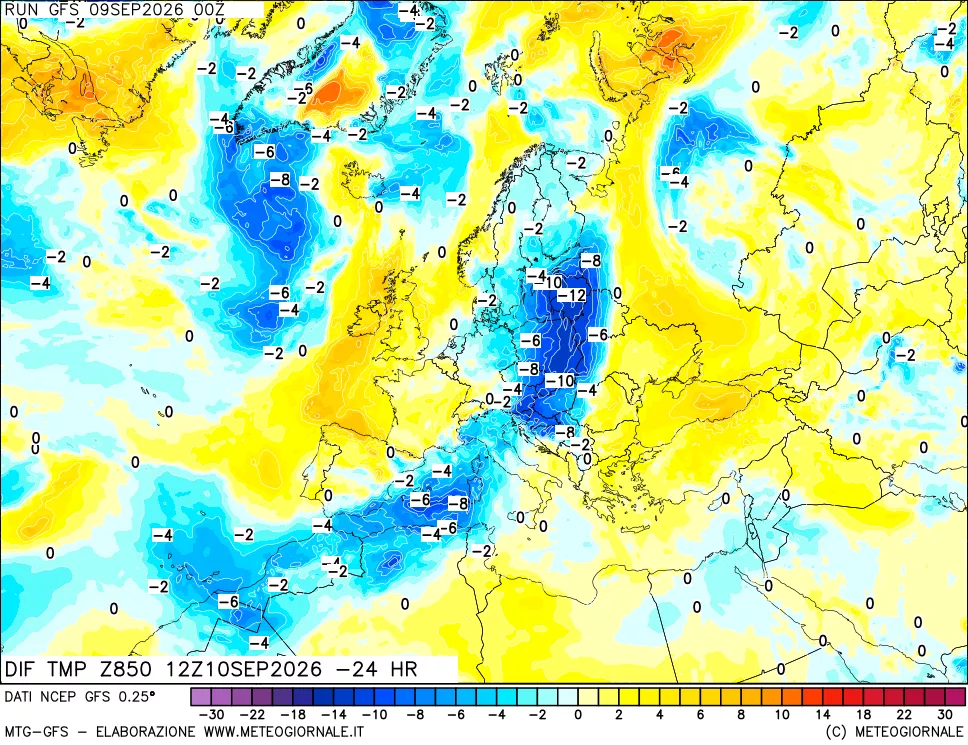 mappa Dif. Temp a 850 hPa Valid - Init