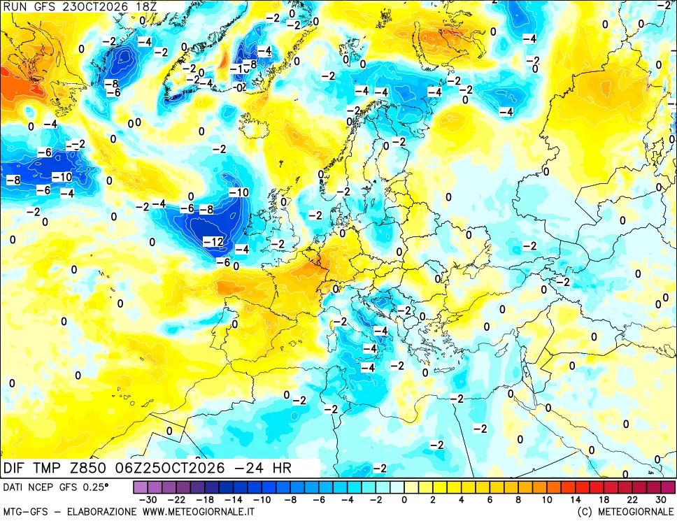 mappa Dif. Temp a 850 hPa Valid - Init