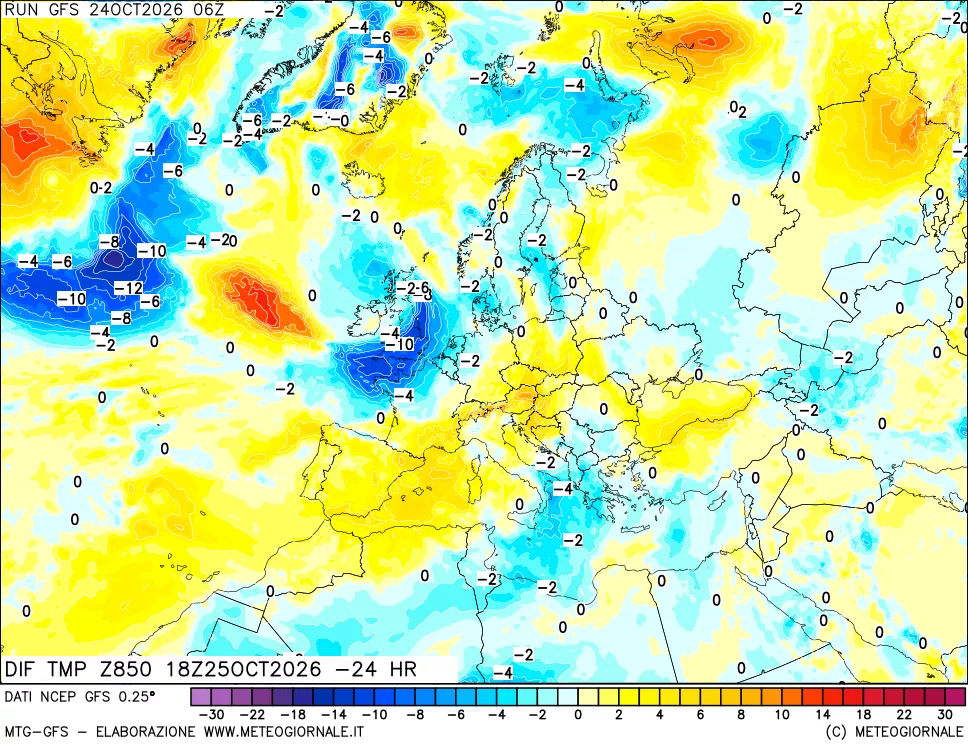 mappa Dif. Temp a 850 hPa Valid - Init
