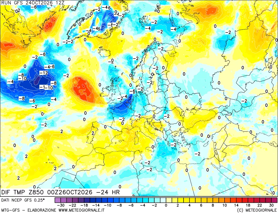 mappa Dif. Temp a 850 hPa Valid - Init
