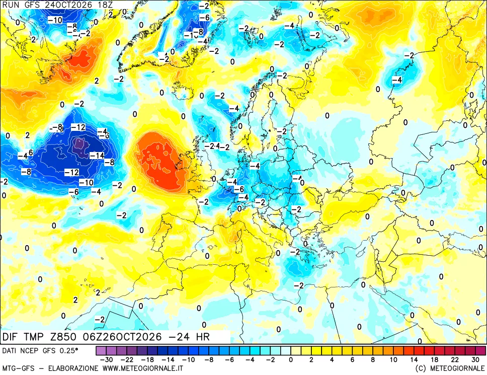 mappa Dif. Temp a 850 hPa Valid - Init