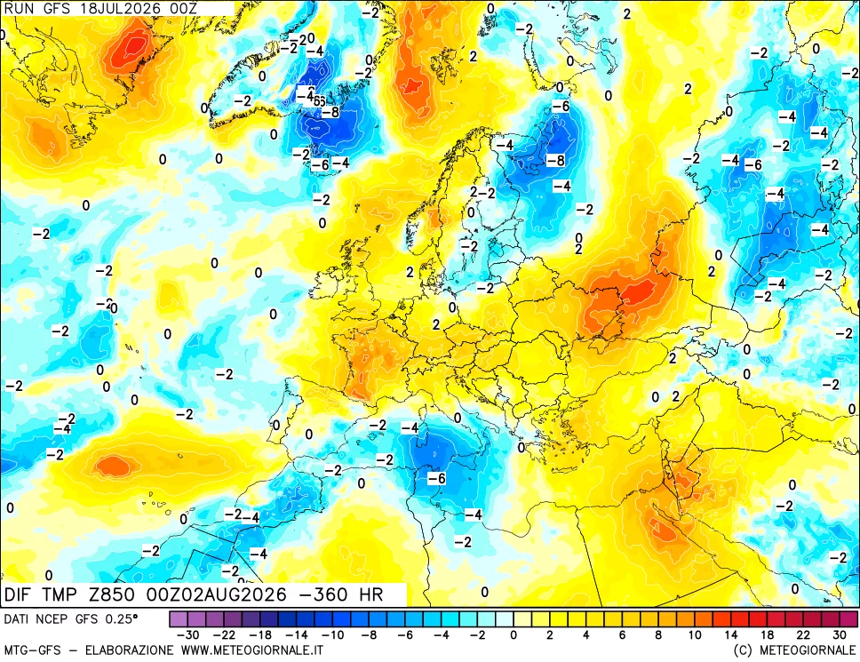 mappa Dif. Temp a 850 hPa Valid - Init