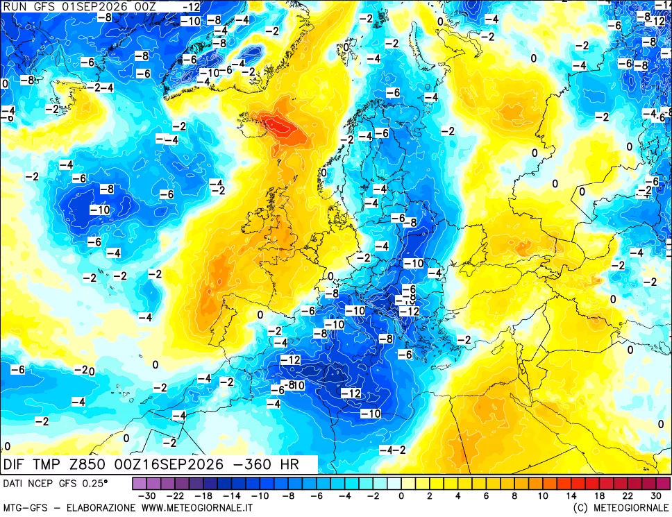 mappa Dif. Temp a 850 hPa Valid - Init