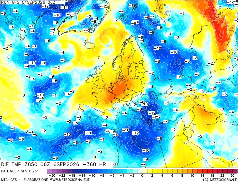 mappa Dif. Temp a 850 hPa Valid - Init