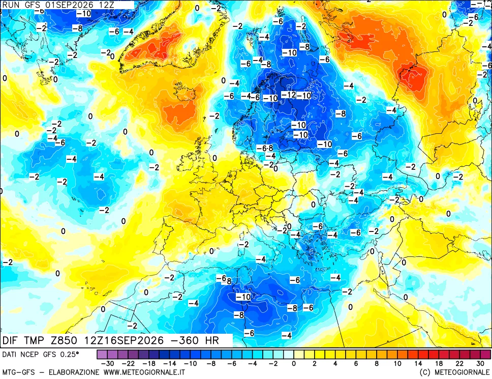 mappa Dif. Temp a 850 hPa Valid - Init