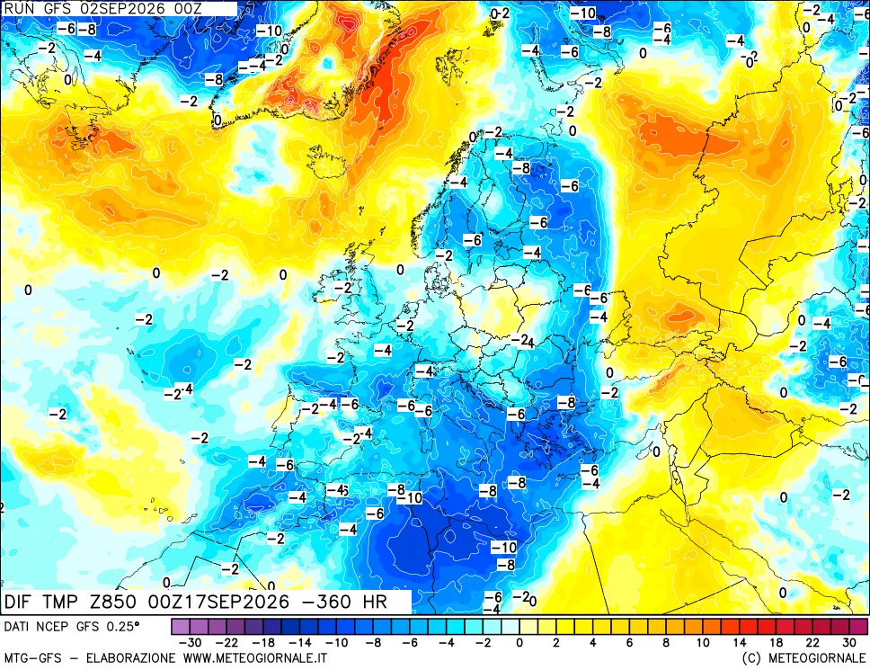 mappa Dif. Temp a 850 hPa Valid - Init