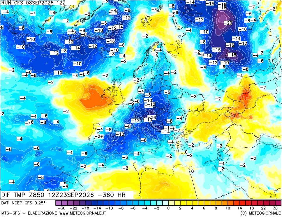 mappa Dif. Temp a 850 hPa Valid - Init