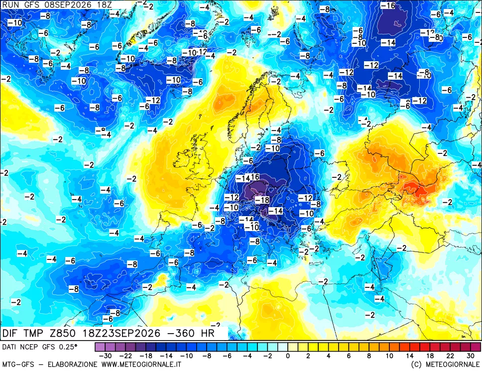 mappa Dif. Temp a 850 hPa Valid - Init