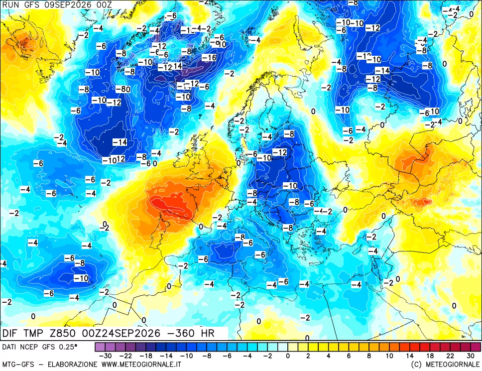mappa Dif. Temp a 850 hPa Valid - Init