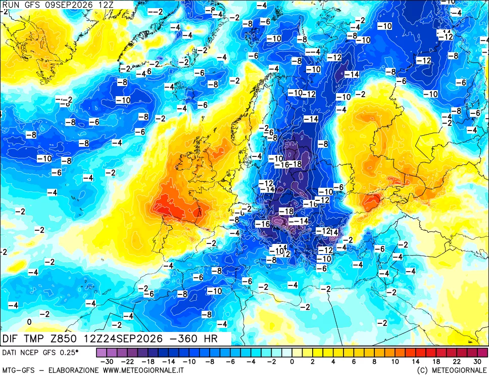 mappa Dif. Temp a 850 hPa Valid - Init
