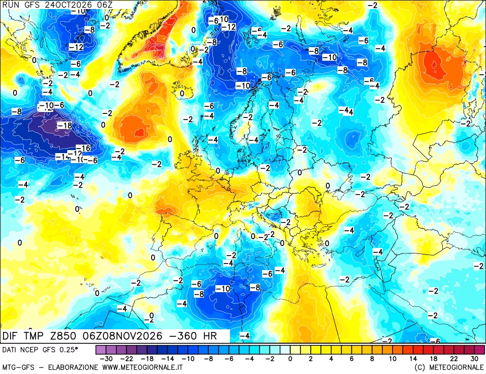 mappa Dif. Temp a 850 hPa Valid - Init