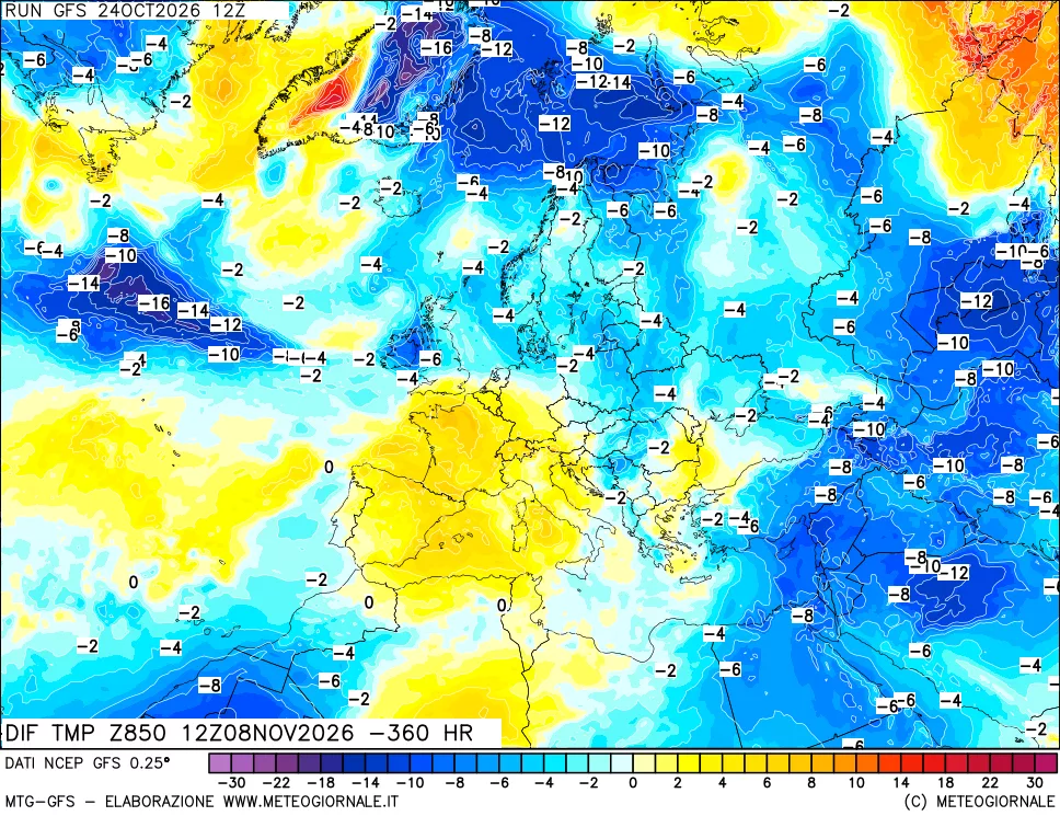 mappa Dif. Temp a 850 hPa Valid - Init