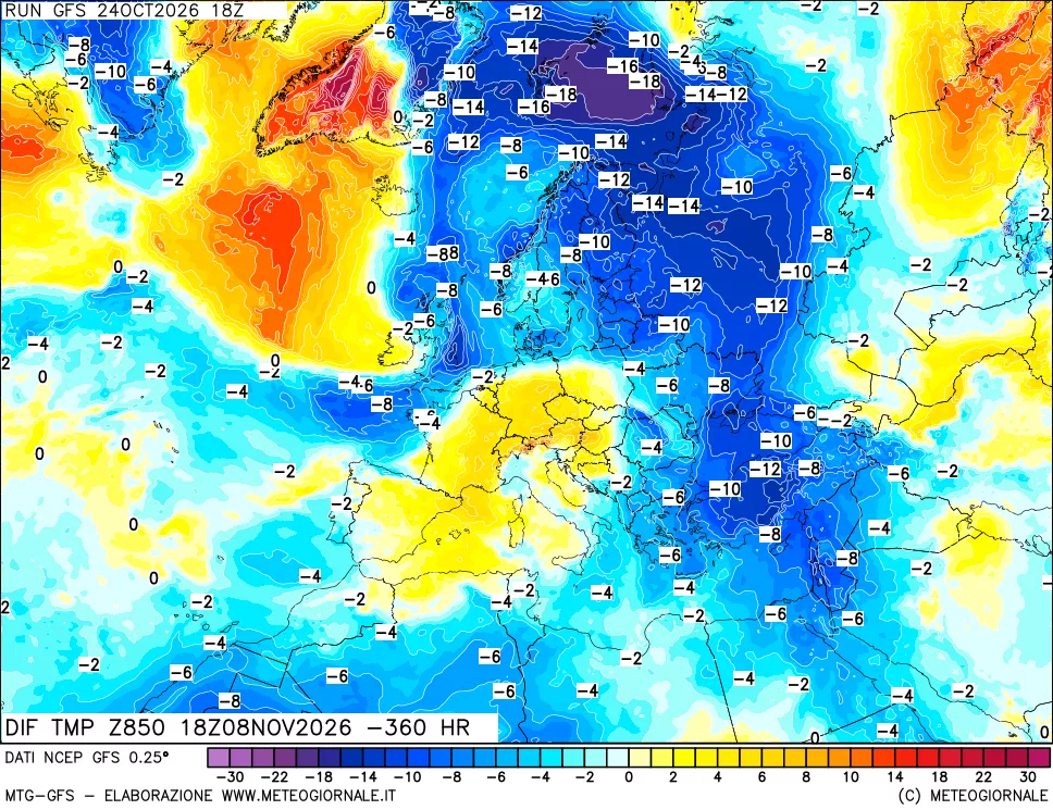 mappa Dif. Temp a 850 hPa Valid - Init