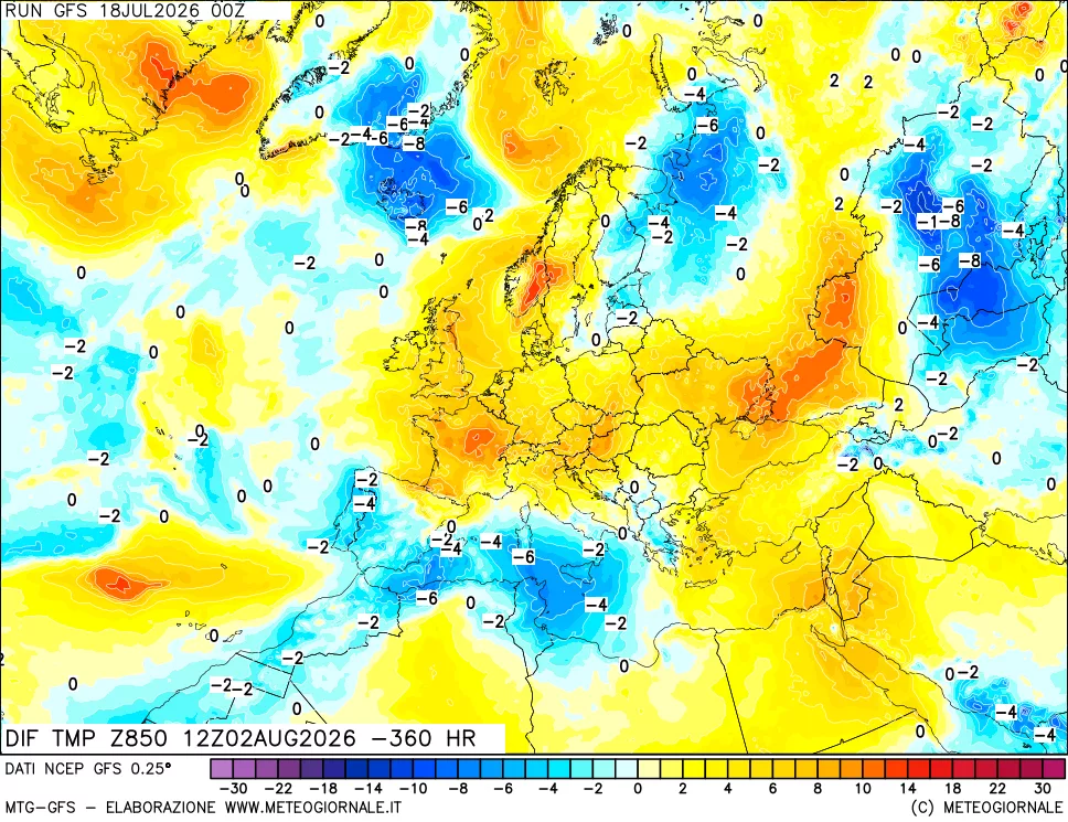 mappa Dif. Temp a 850 hPa Valid - Init
