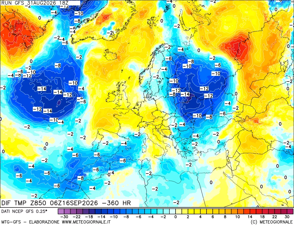 mappa Dif. Temp a 850 hPa Valid - Init