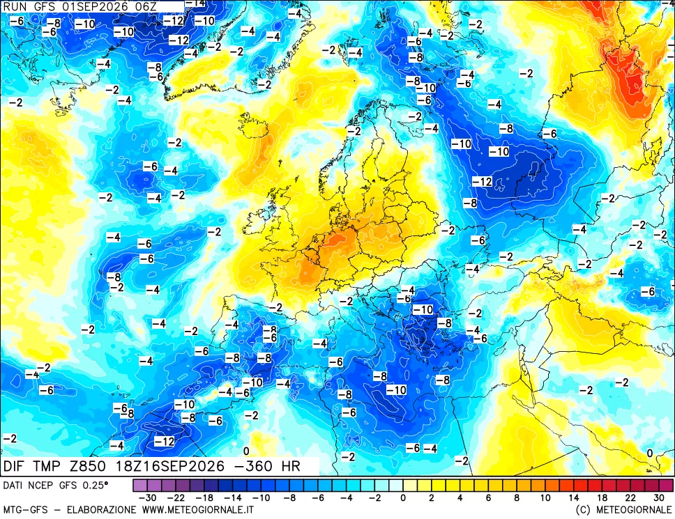 mappa Dif. Temp a 850 hPa Valid - Init