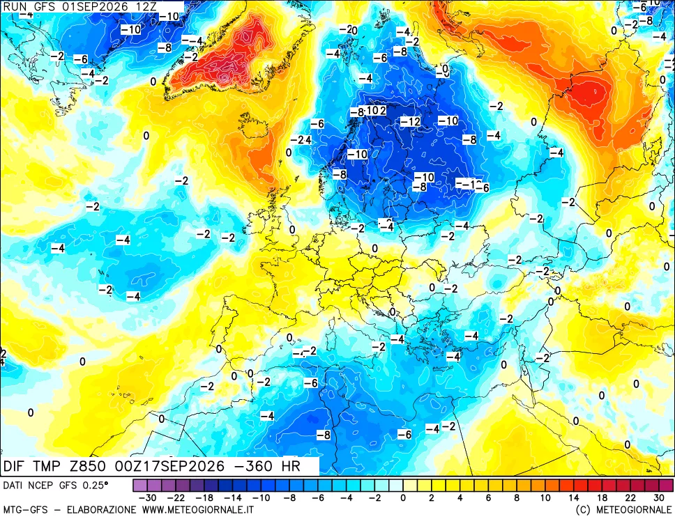 mappa Dif. Temp a 850 hPa Valid - Init