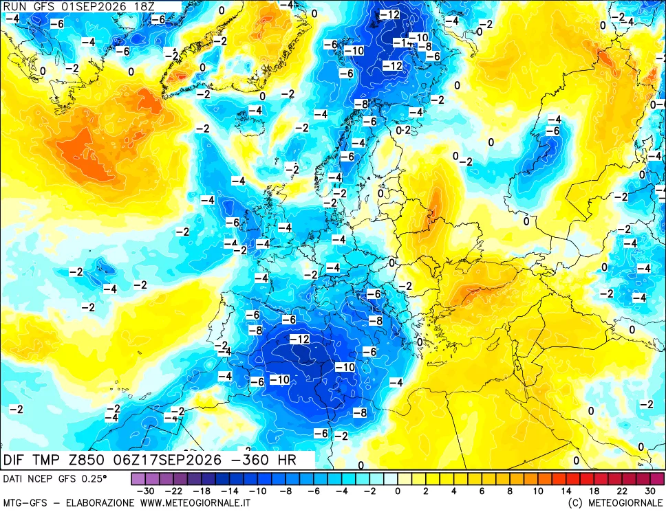 mappa Dif. Temp a 850 hPa Valid - Init