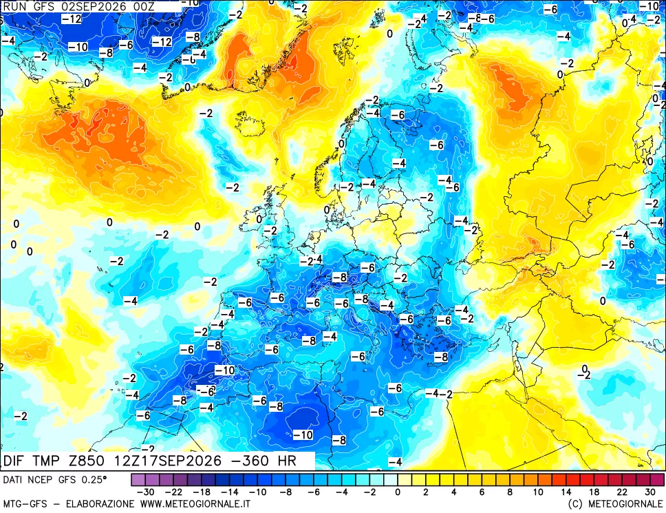 mappa Dif. Temp a 850 hPa Valid - Init