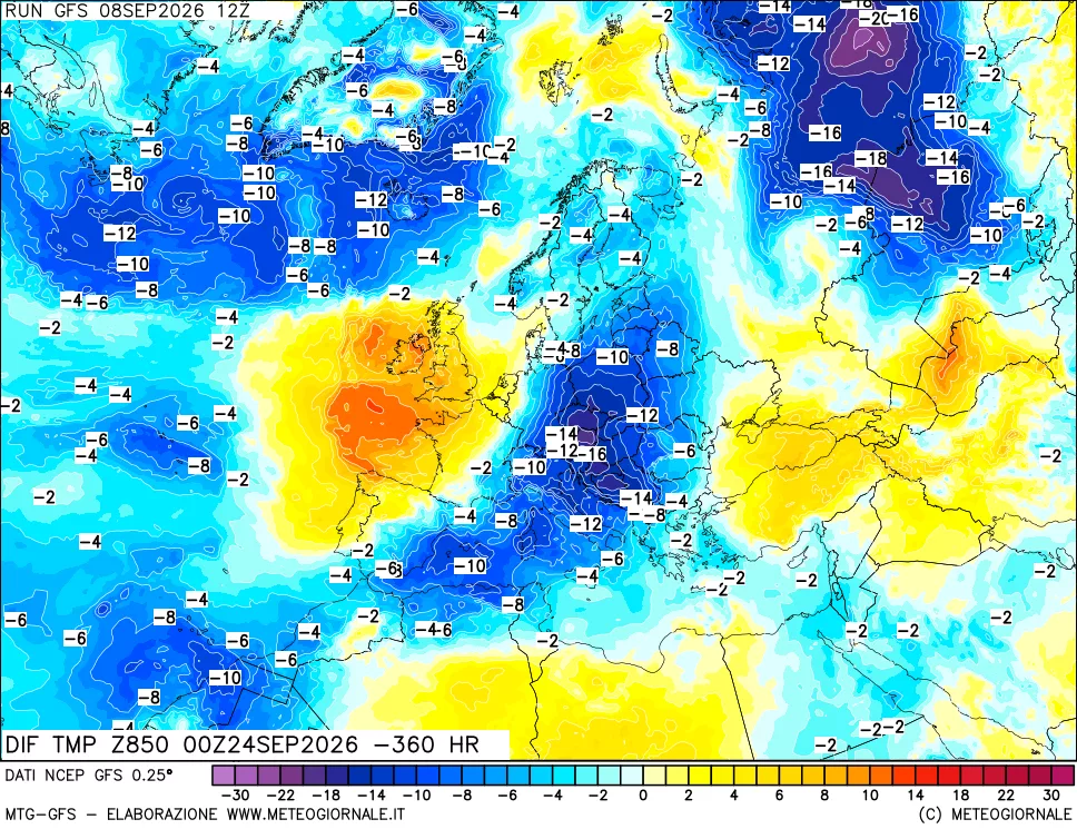 mappa Dif. Temp a 850 hPa Valid - Init