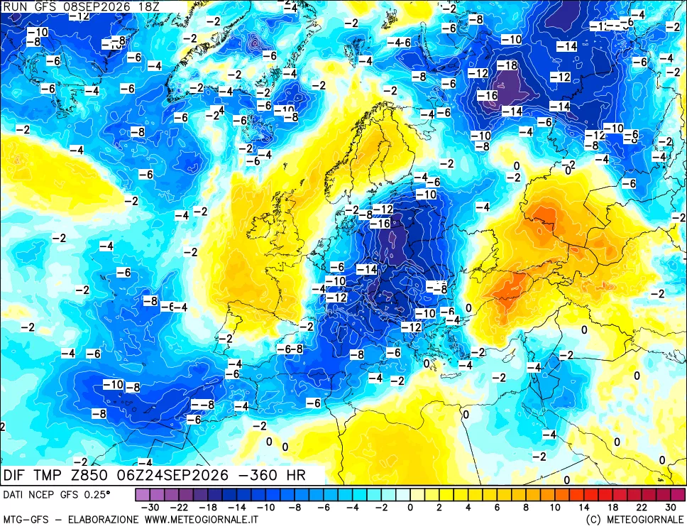 mappa Dif. Temp a 850 hPa Valid - Init