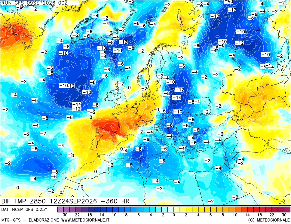 mappa Dif. Temp a 850 hPa Valid - Init