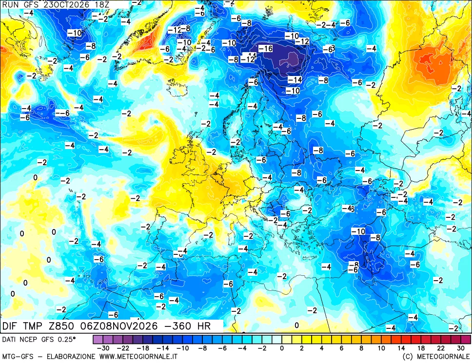mappa Dif. Temp a 850 hPa Valid - Init