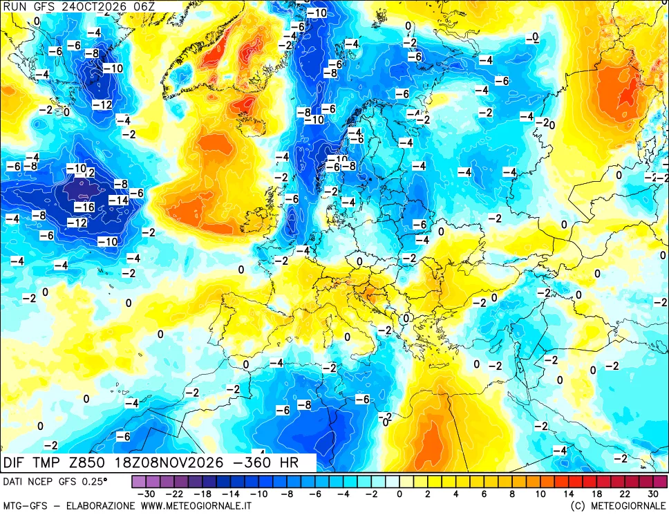 mappa Dif. Temp a 850 hPa Valid - Init