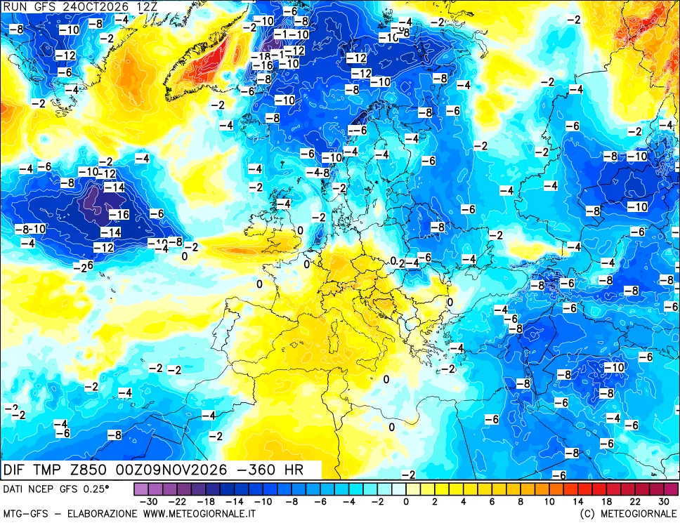 mappa Dif. Temp a 850 hPa Valid - Init