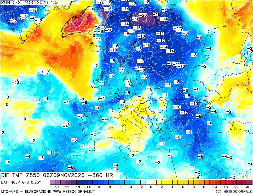 mappa Dif. Temp a 850 hPa Valid - Init
