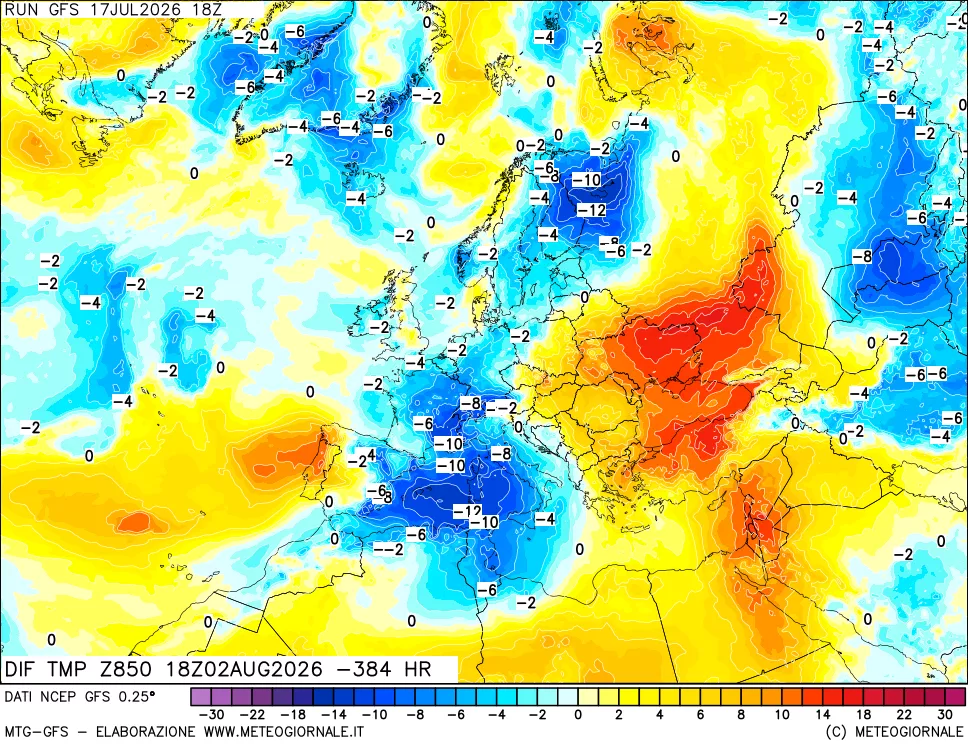 mappa Dif. Temp a 850 hPa Valid - Init