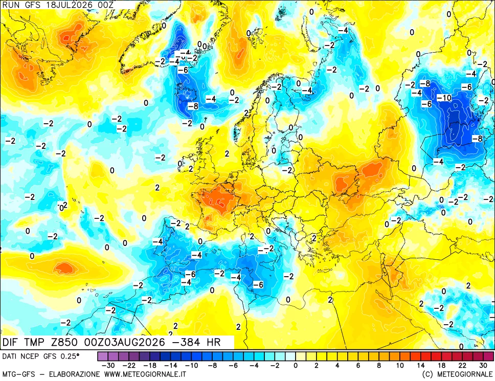 mappa Dif. Temp a 850 hPa Valid - Init