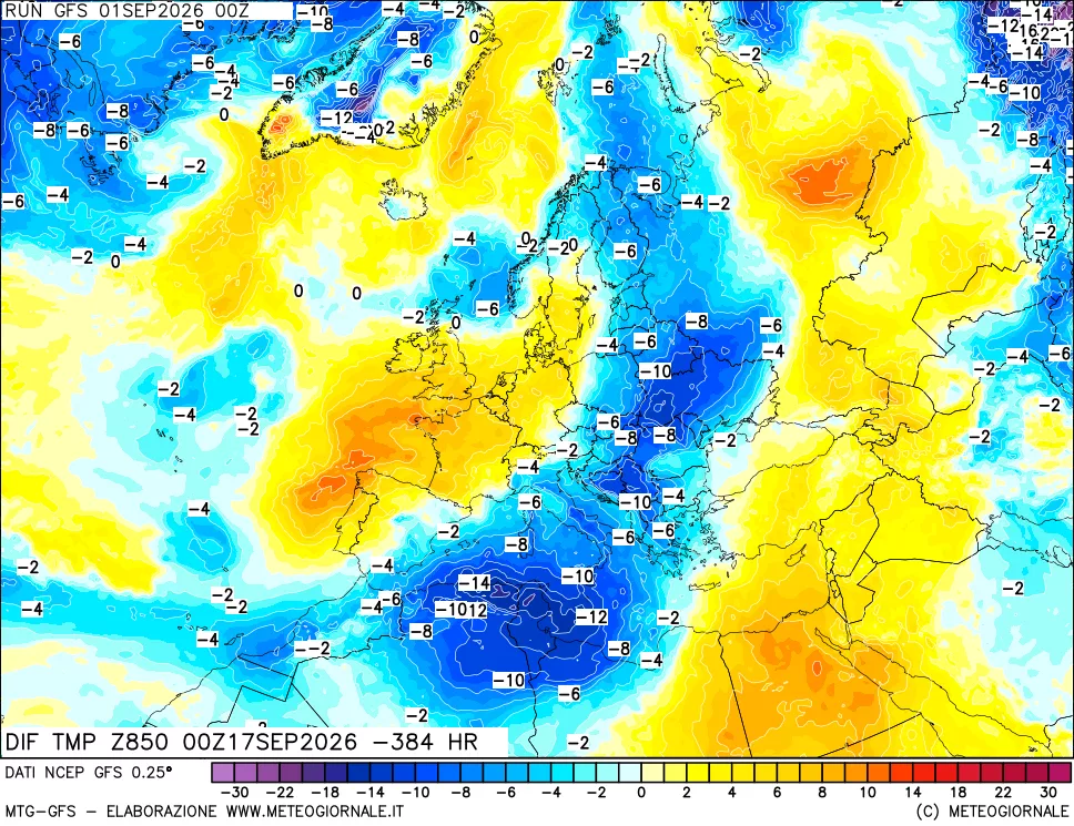 mappa Dif. Temp a 850 hPa Valid - Init