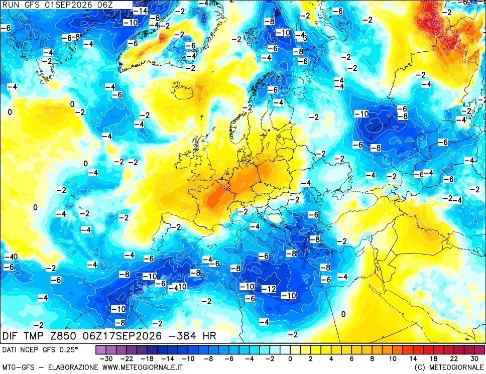 mappa Dif. Temp a 850 hPa Valid - Init
