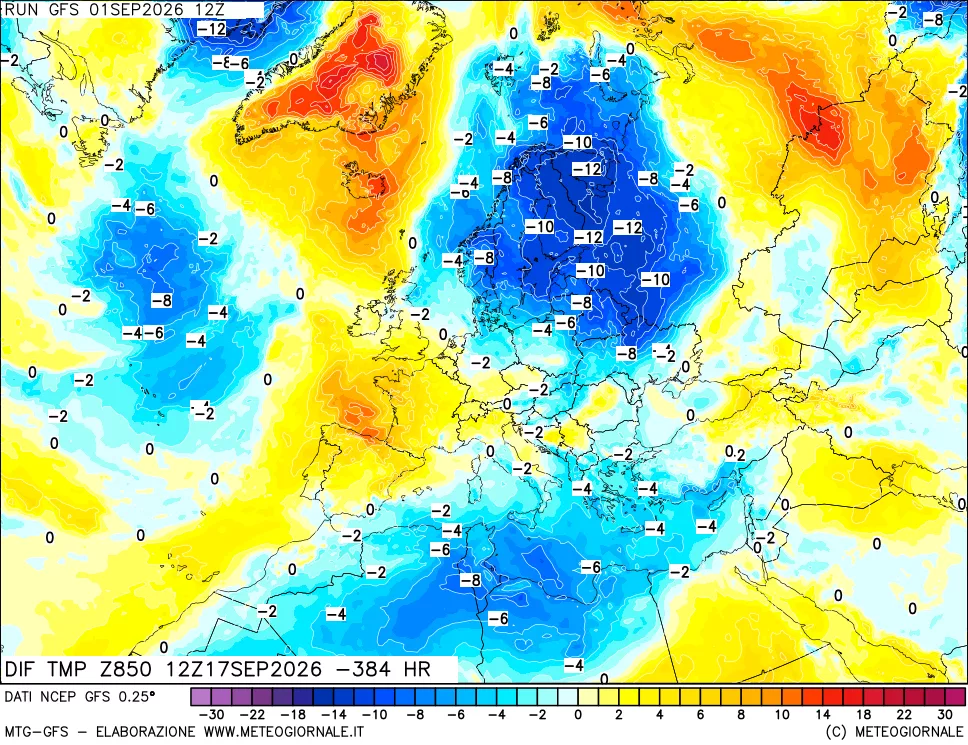 mappa Dif. Temp a 850 hPa Valid - Init