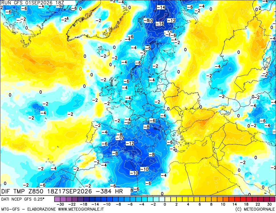 mappa Dif. Temp a 850 hPa Valid - Init