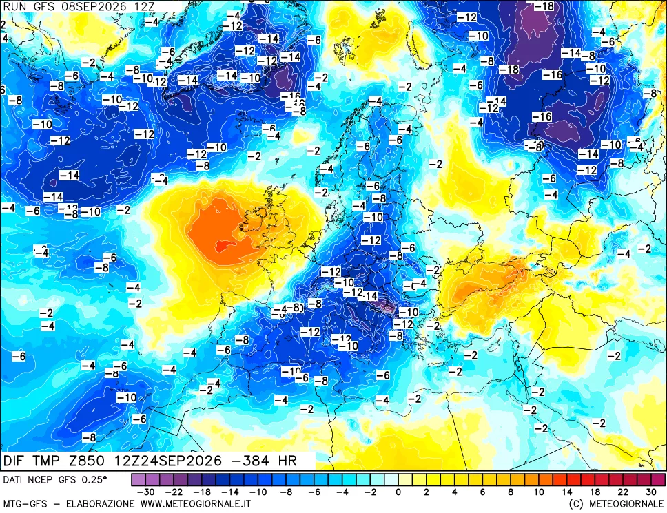 mappa Dif. Temp a 850 hPa Valid - Init