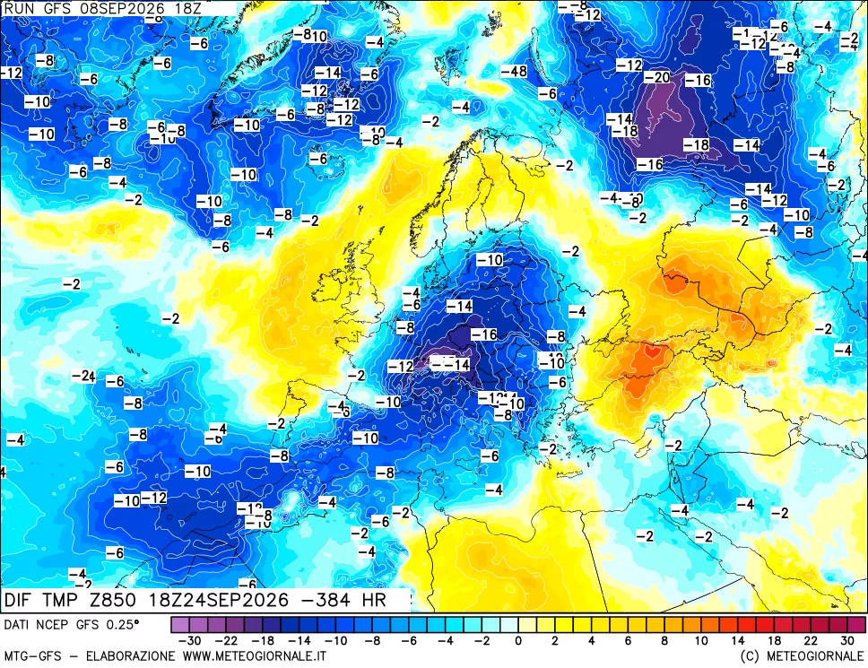 mappa Dif. Temp a 850 hPa Valid - Init