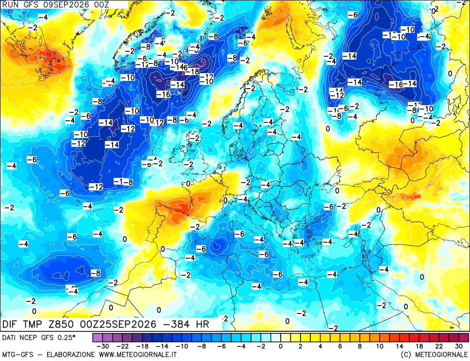 mappa Dif. Temp a 850 hPa Valid - Init