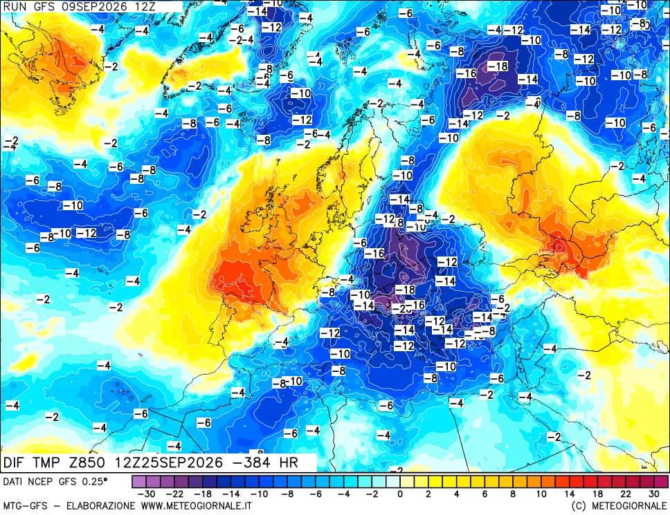 mappa Dif. Temp a 850 hPa Valid - Init