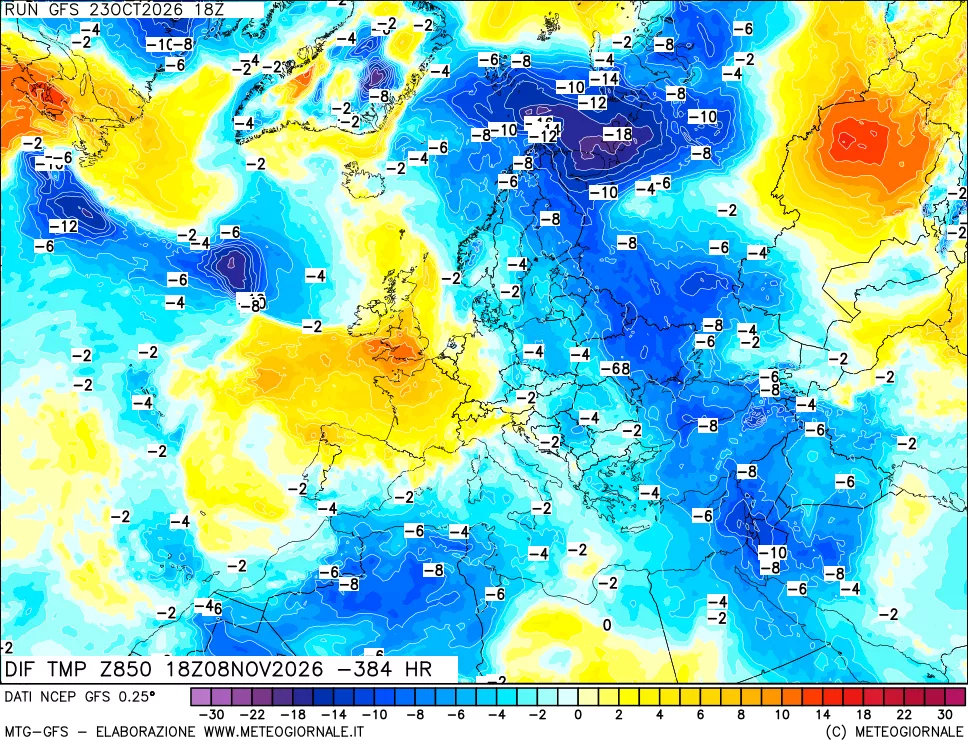 mappa Dif. Temp a 850 hPa Valid - Init