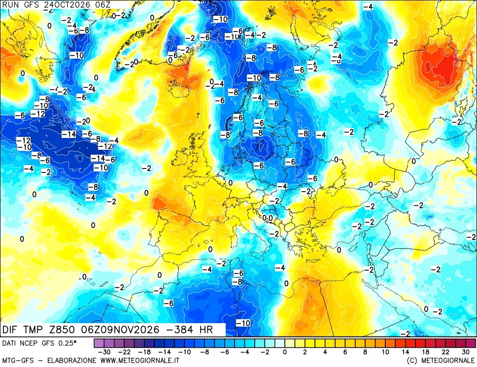mappa Dif. Temp a 850 hPa Valid - Init