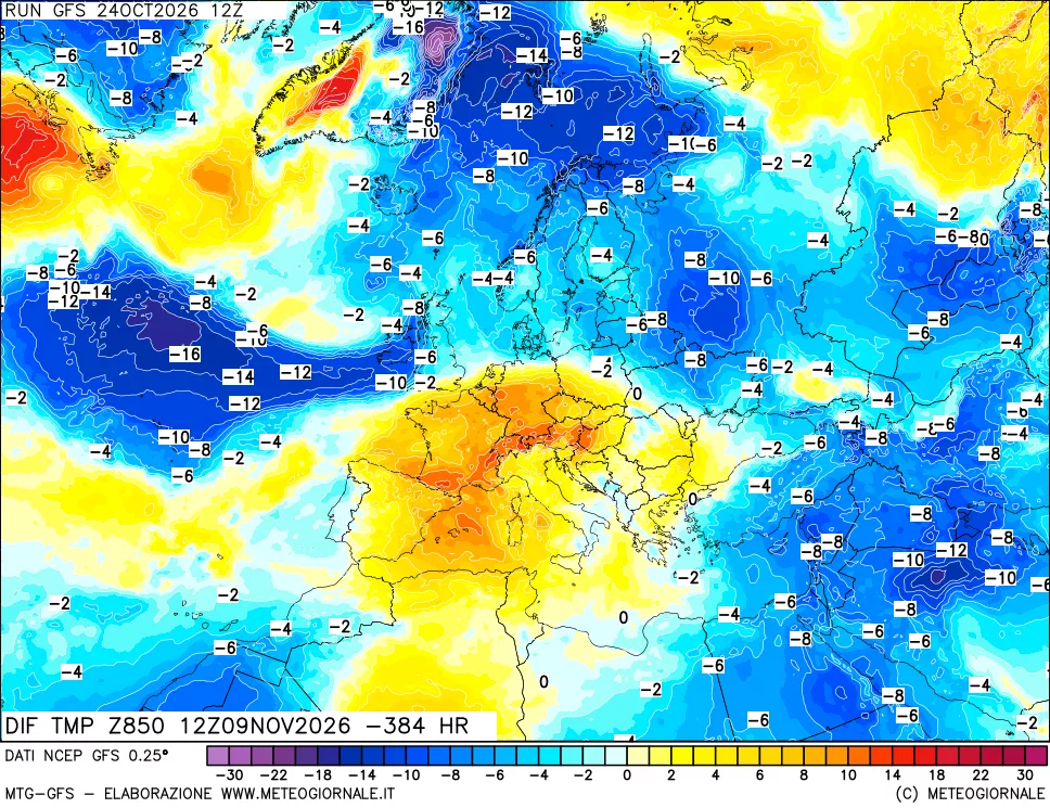 mappa Dif. Temp a 850 hPa Valid - Init