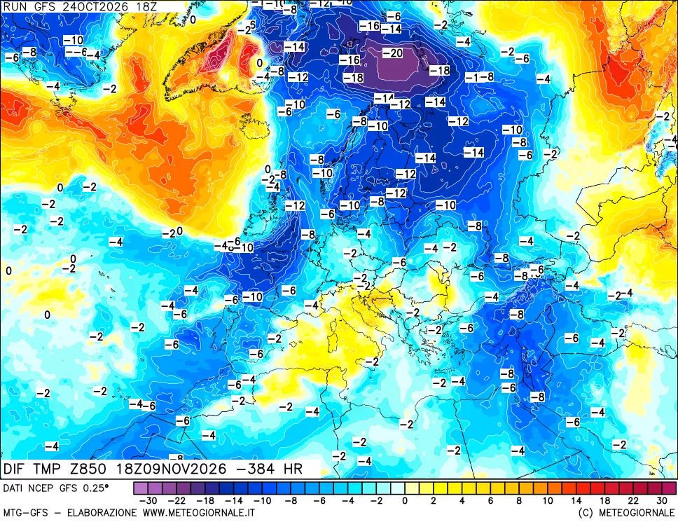 mappa Dif. Temp a 850 hPa Valid - Init